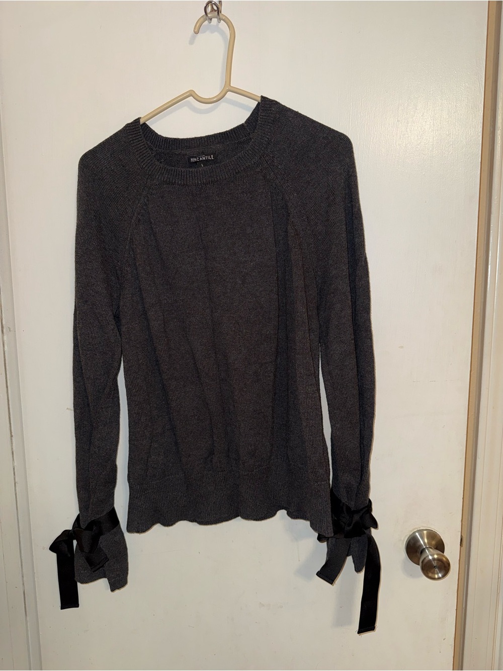J. Crew Factory Charcoal Gray Crewneck Sweater with Black Ribbon Cuffs.